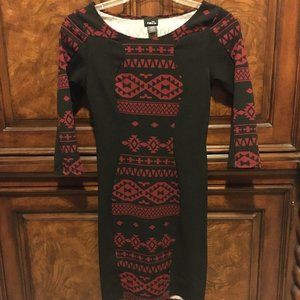 Rue 21 Bodycon Form Fitting Dress - Red and Black Aztec or Geo type print- Small
